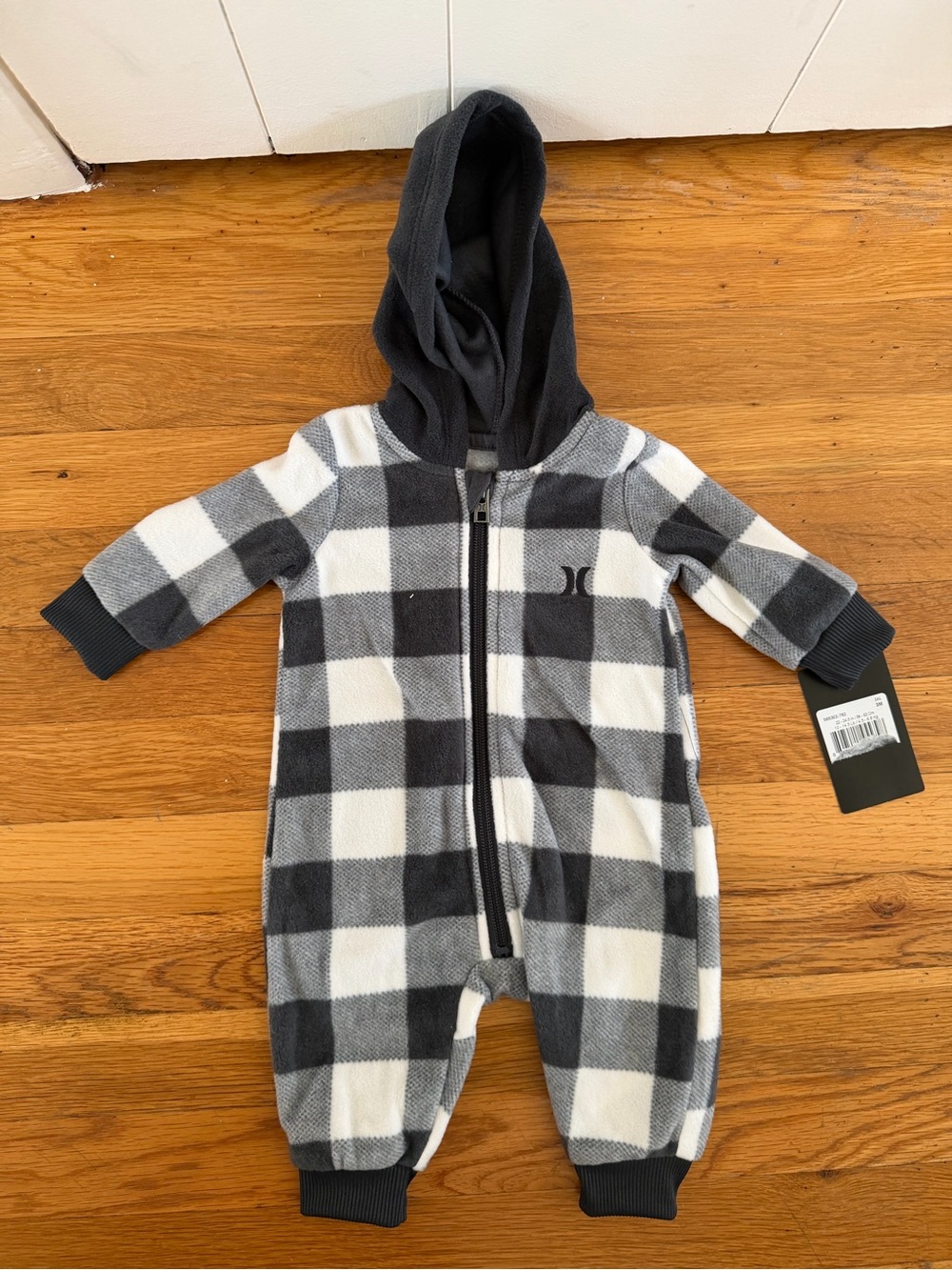 Hurley Baby Buffalo Plaid Fleece Hooded Romper | NWT | 3M